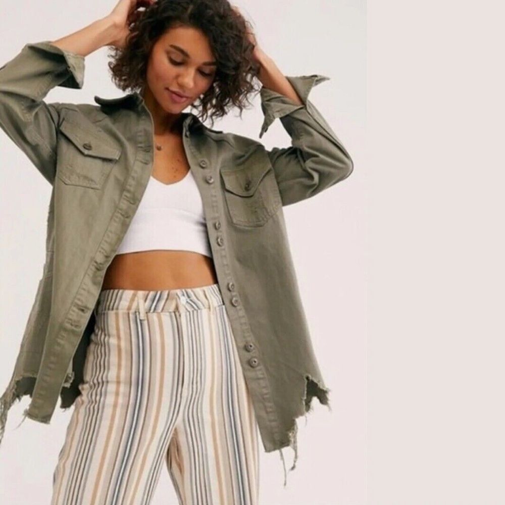 Free People Moonchild Military Green Cotton Shacket Jacket Sz S Distressed Boho